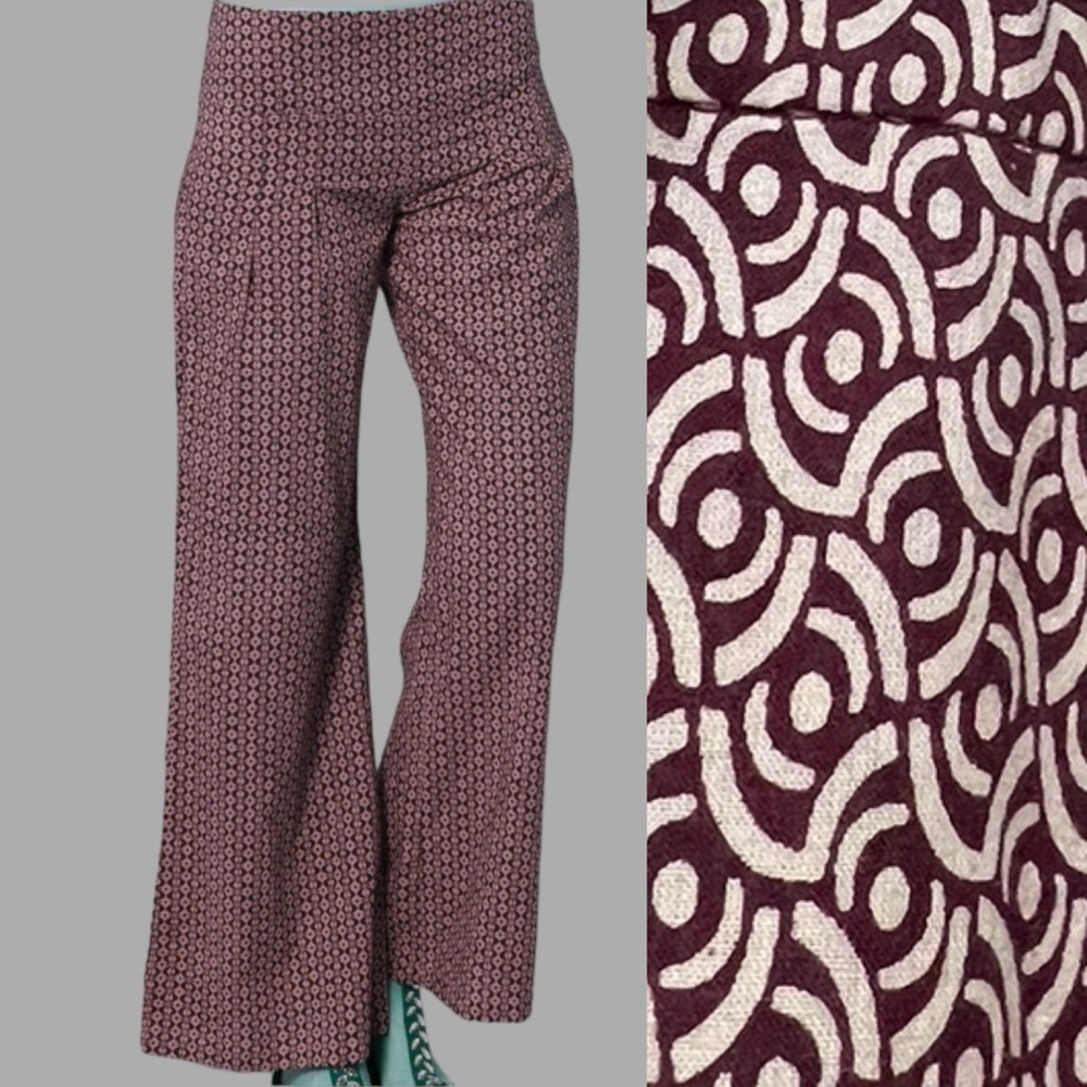 Yh Marroon/Cream Geometric Print Lightweight Wide Leg Pants
